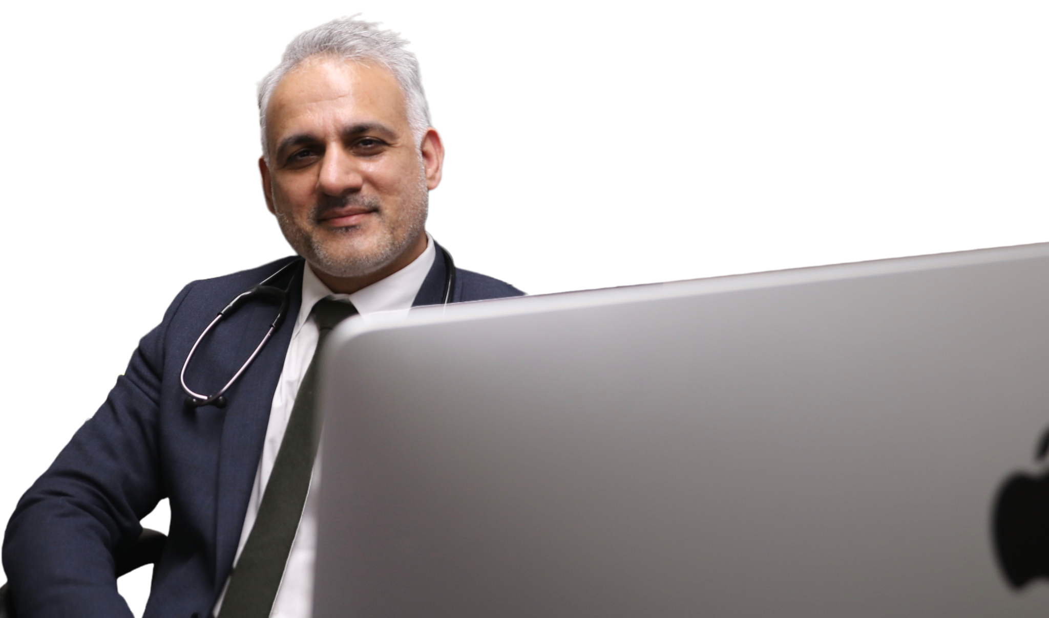 Doctor with stethoscope working on computer