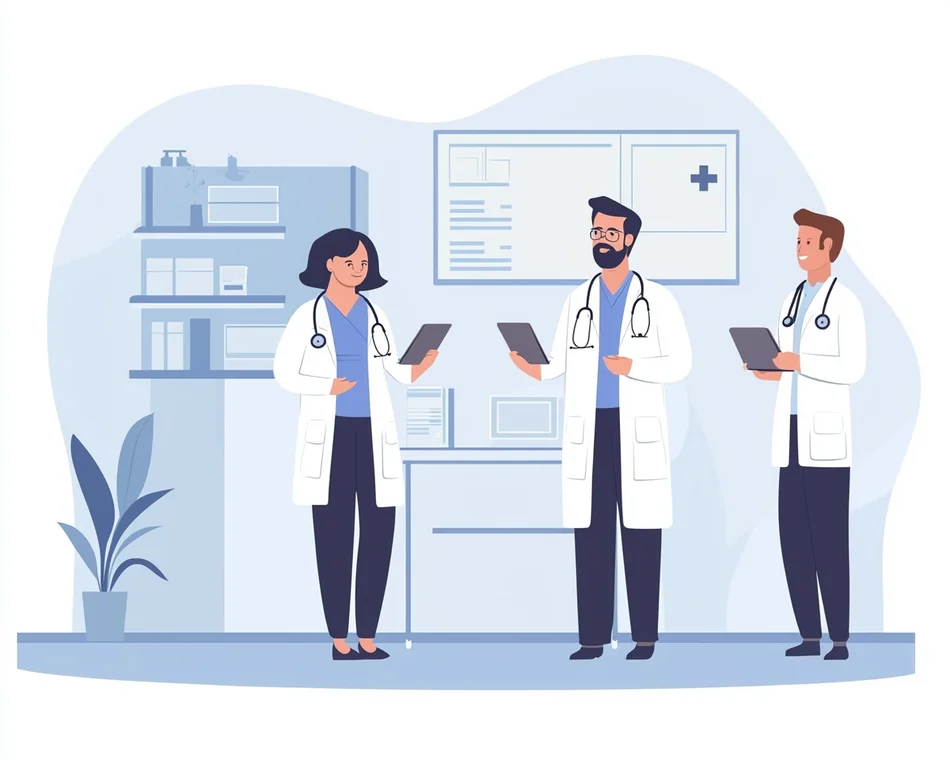 Doctors in discussion with digital tablets