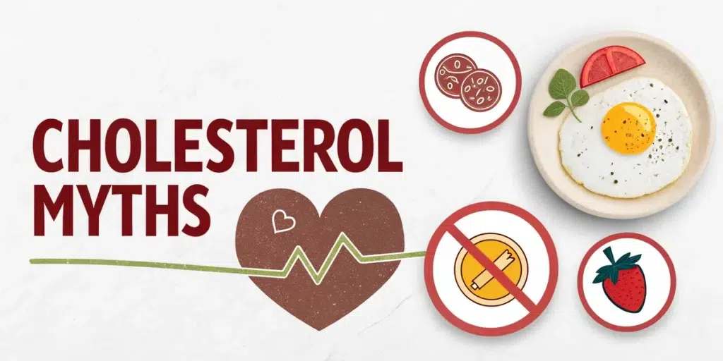 Debunking cholesterol myths with heart and food icons.