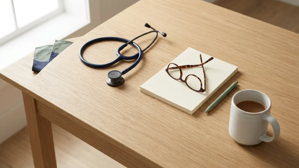 A stethoscope, notepad, reading glasses and coffee mug on a sunlit wooden desk