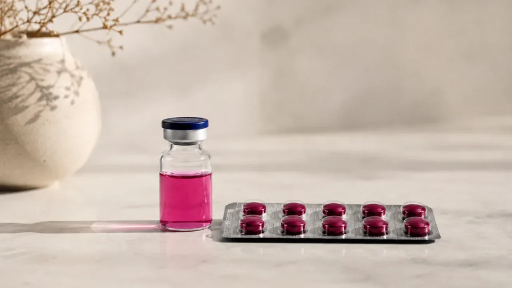Pink liquid vial and blister pack of pills