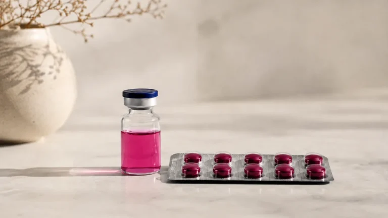 Pink liquid vial and blister pack of pills