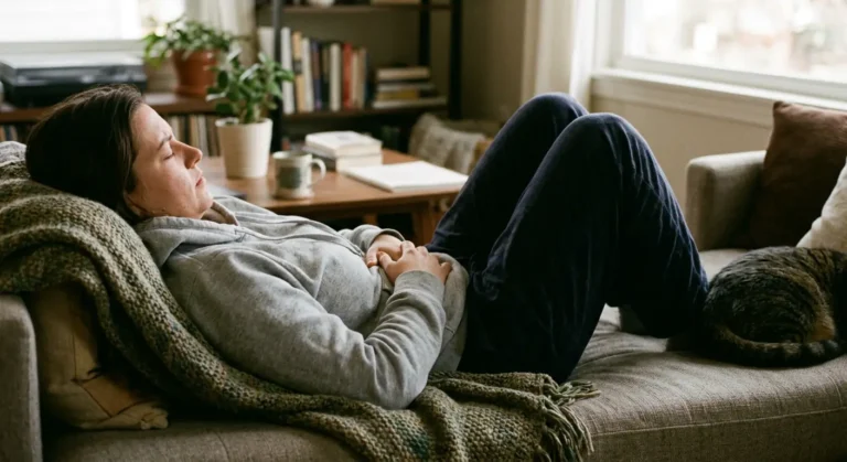 Woman resting on couch with cat nearby