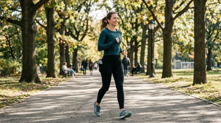 Woman jogging along tree-lined park path