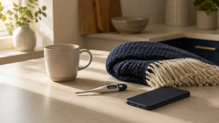 Mug, thermometer, phone, and blanket on kitchen counter