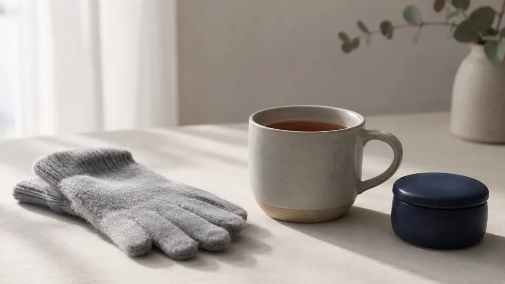 Wool gloves, a mug of tea and a small jar on a sunlit surface