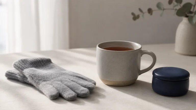 Wool gloves, a mug of tea and a small jar on a sunlit surface