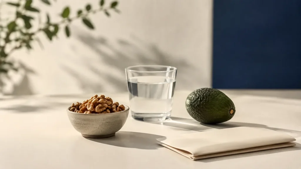Walnuts, water glass, and avocado on table