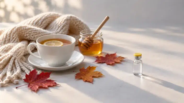 A cup of tea with lemon, a jar of honey, a knit scarf, autumn leaves and a small vaccine vial on a pale surface